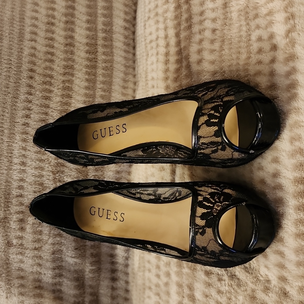 Guess brand, size 5 1/2M black lace, 5" heel dress shoes.
